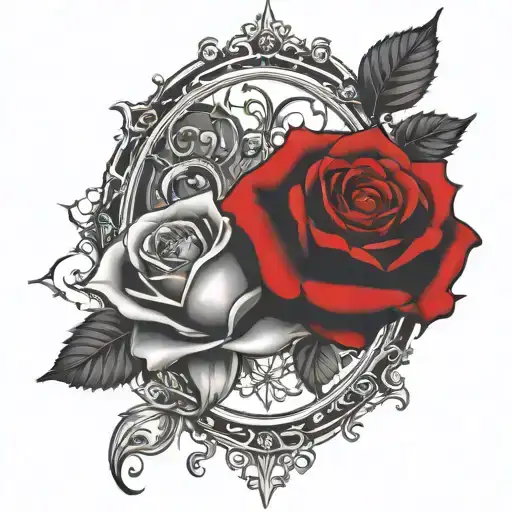 two roses wrapped one black one red, circle in background tattoo design idea