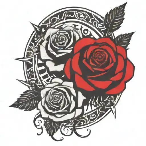 two roses wrapped one black one red, circle in background tattoo design idea
