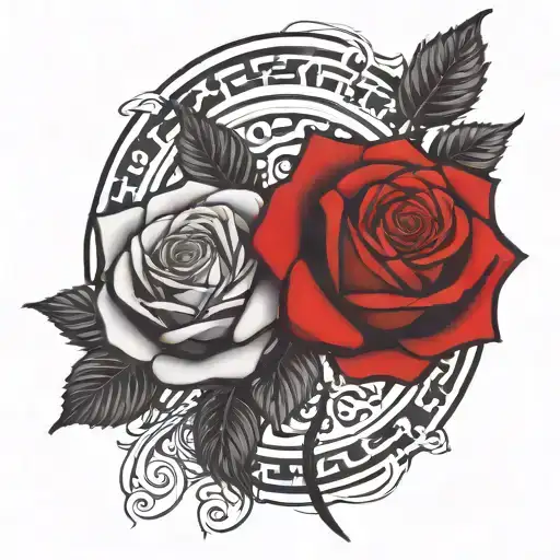two roses wrapped one black one red, circle in background  tattoo design idea