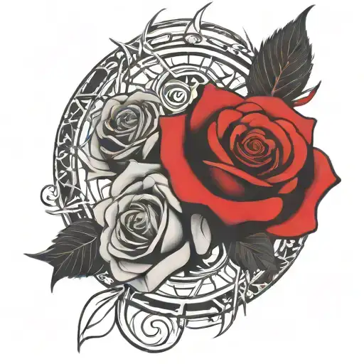 two roses wrapped one black one red, circle in background  tattoo design idea