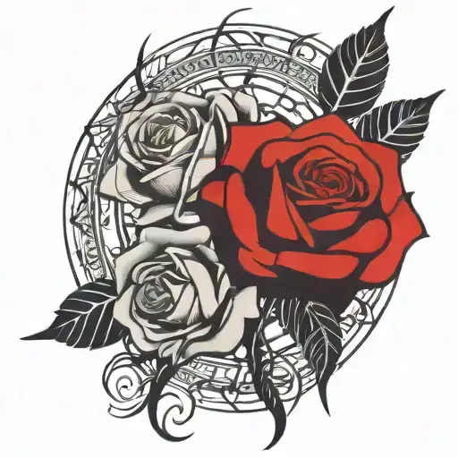 two roses wrapped one black one red, circle in background  tattoo design idea