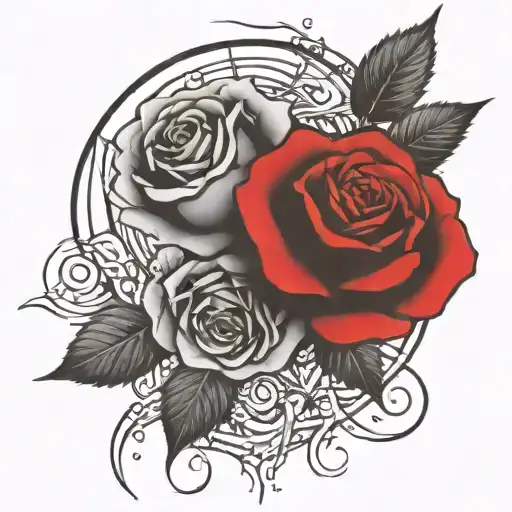 two roses wrapped one black one red, circle in background  tattoo design idea