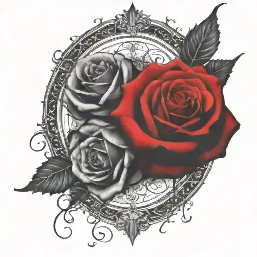 two rose wrapped one black one red circle in background  tattoo design idea