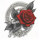 one black rose wrapped with one red rose, circle in background  tattoo design idea
