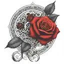 one black rose wrapped with one red rose, circle in background  tattoo design idea