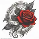 one black rose wrapped with one red rose, circle in background  tattoo design idea