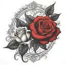 two roses wrapped, one black one red, circle in background  tattoo design idea