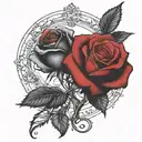 two roses wrapped, one black one red, circle in background  tattoo design idea