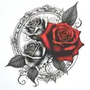 two roses wrapped, one black one red, circle in background  tattoo design idea