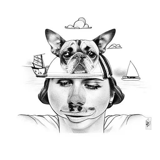 A couple sailing on a boat with their dog by their side tattoo design idea