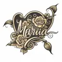 A design where the name "Maria" is written in a calligraphy style with a soft background of roses tattoo design idea