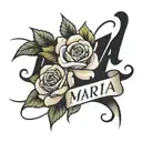 A design where the name "Maria" is written in a calligraphy style with a soft background of roses tattoo design idea