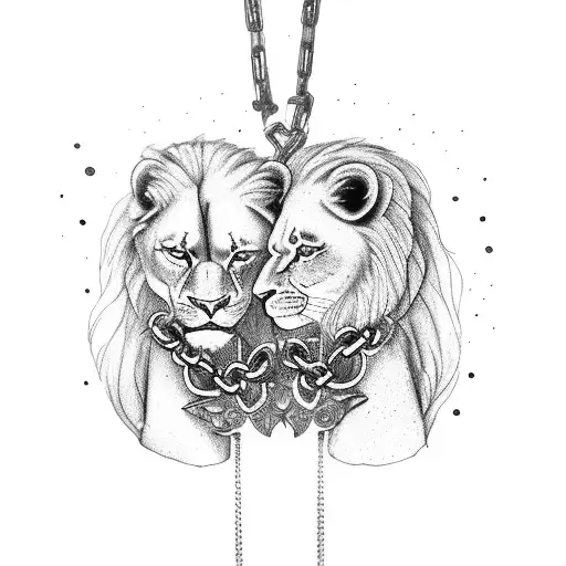 attractive fem twins (red head and brunette) holding hands. one holds a chain with a lion and the other an antique scale tattoo design idea
