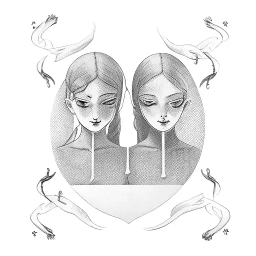 two female twins facing the front, holding hands but each also holding one thing. one is holding an antique scale and th tattoo design idea
