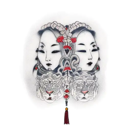 attractive fem twins (red head and brunette) holding hands. one holds a chain with a lion and the other an antique scale tattoo design idea