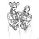 attractive fem twins (red head and brunette) holding hands. one holds a chain with a lion and the other an antique scale tattoo design idea