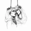 attractive fem twins (red head and brunette) holding hands. one holds a chain with a lion and the other an antique scale tattoo design idea