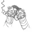 attractive fem twins (red head and brunette) holding hands. one holds a chain with a lion and the other an antique scale tattoo design idea