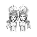 two female twins facing the front, holding hands but each also holding one thing. one is holding an antique scale and th tattoo design idea