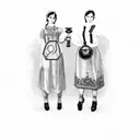 two female twins facing the front, holding hands but each also holding one thing. one is holding an antique scale and th tattoo design idea