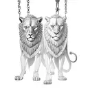 greek style twins (red head and brunette) holding hands, one holds a chain with a lion and the other an antique scale tattoo design idea