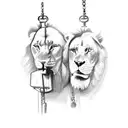 greek style twins (red head and brunette) holding hands, one holds a chain with a lion and the other an antique scale tattoo design idea