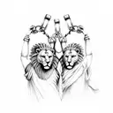 greek style twins (red head and brunette) holding hands, one holds a chain with a lion and the other an antique scale tattoo design idea