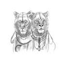 attractive fem twins (red head and brunette) holding hands. one holds a chain with a lion and the other an antique scale tattoo design idea