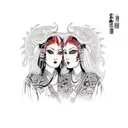 attractive fem twins (red head and brunette) holding hands. one holds a chain with a lion and the other an antique scale tattoo design idea