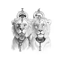 attractive fem twins (red head and brunette) holding hands. one holds a chain with a lion and the other an antique scale tattoo design idea