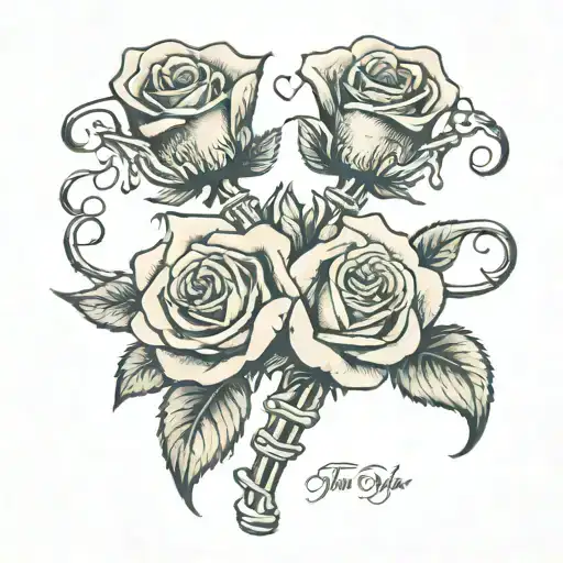 skeletal hand holding roses with text "Till Death Do Us Part" tattoo design idea