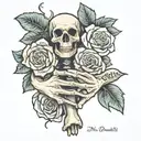 skeletal hand holding roses with text "Till Death Do Us Part" tattoo design idea