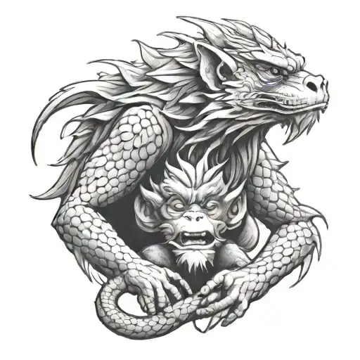 monkey kissing dragon tattoo design idea