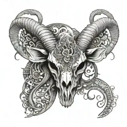 A blackwork tattoo of a goat skull adorned with intricate artistic patterns and symbols tattoo design idea