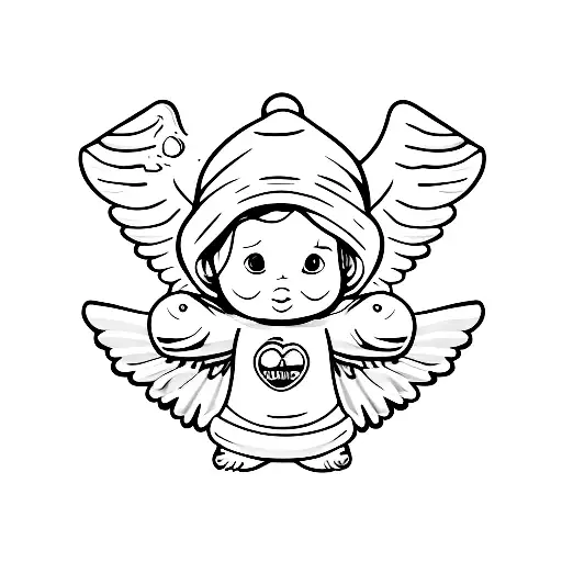 minimal baby angel cherub wearing beanie holding ak47 with wings black and white outline line work tattoo design idea