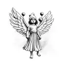 minimal baby angel cherub wearing beanie holding ak47 with wings black and white outline line work tattoo design idea