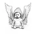 minimal baby angel cherub wearing beanie holding ak47 with wings black and white outline line work tattoo design idea