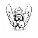 minimal baby angel cherub wearing beanie holding ak47 with wings black and white outline line work tattoo design idea