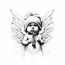 minimal baby angel cherub wearing beanie holding ak47 with wings black and white outline line work tattoo design idea