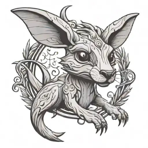 An anime-inspired wood carving of a kangaroo holding a wand like Harry Potter tattoo design idea