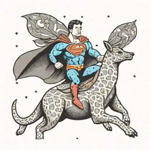 Superman riding a kangaroo through a galaxy filled with 90s cartoon characters tattoo design idea