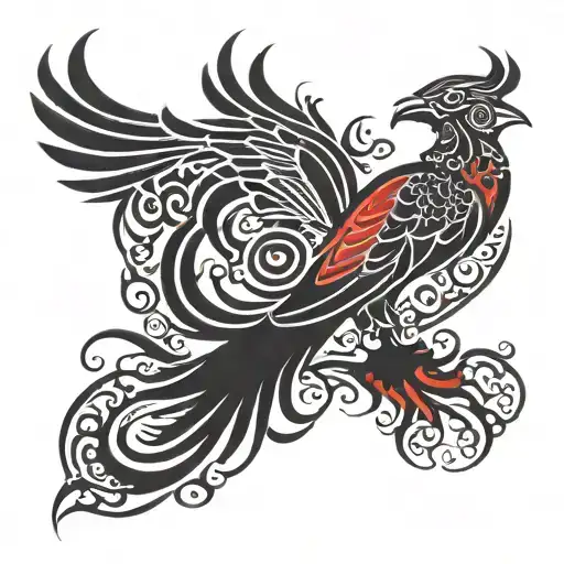 Phoenix with crimson red edges, made up of tribal figures filled with Gothic architecture. tattoo design idea