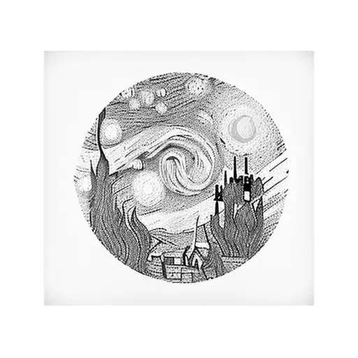 A geometric representation of a famous artwork, such as Van Gogh's 'Starry Night', using clean lines and precise angles tattoo design idea