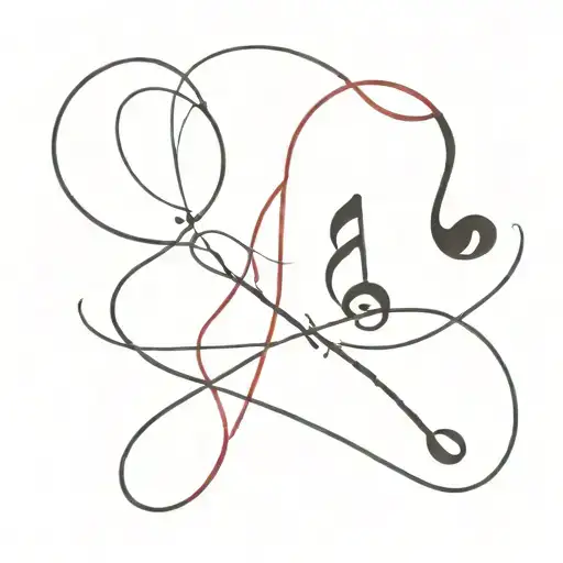 A minimalist tattoo design of a red string connecting two music notes, symbolizing the client's love for music and the red string theory tattoo design idea