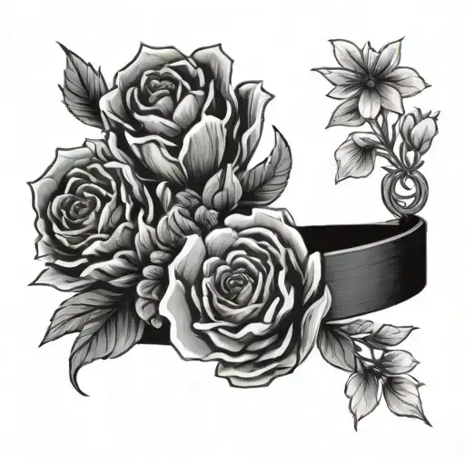 A black-grey tattoo of a karate belt tied around a bouquet of flowers tattoo design idea