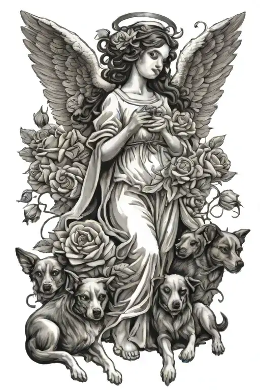A nurse angel surrounded by dogs and roses, symbolizing care and love for family and patients tattoo design idea