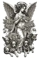 A nurse angel surrounded by dogs and roses, symbolizing care and love for family and patients tattoo design idea