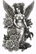 A nurse angel surrounded by dogs and roses, symbolizing care and love for family and patients tattoo design idea