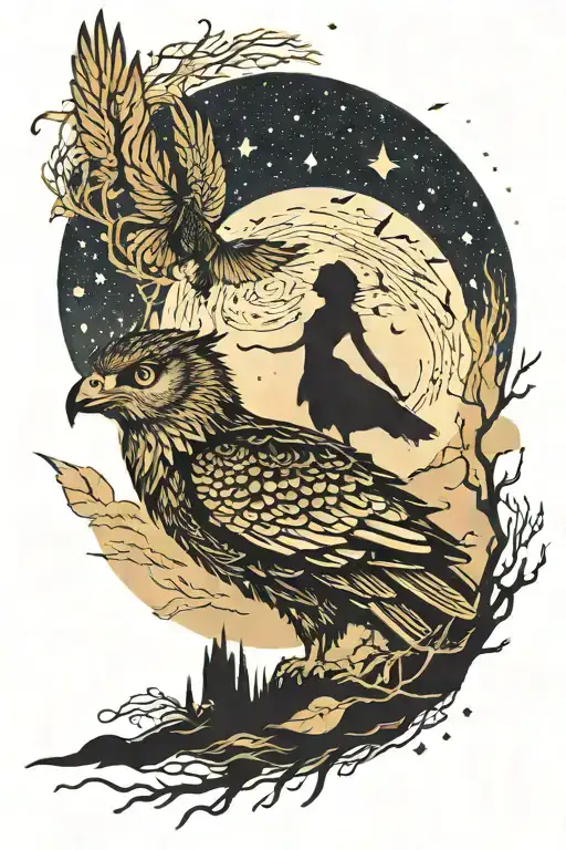 starry night sky above water with girl silhouette looking at the sky. a dragon owl and mockingjay flying through the sky tattoo design idea
