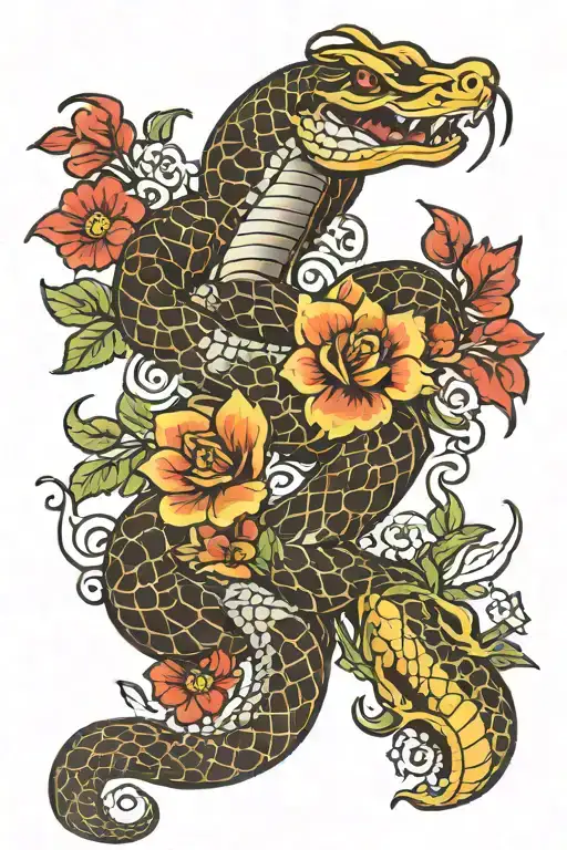 Chinese snake and flowers intertwined tattoo design idea